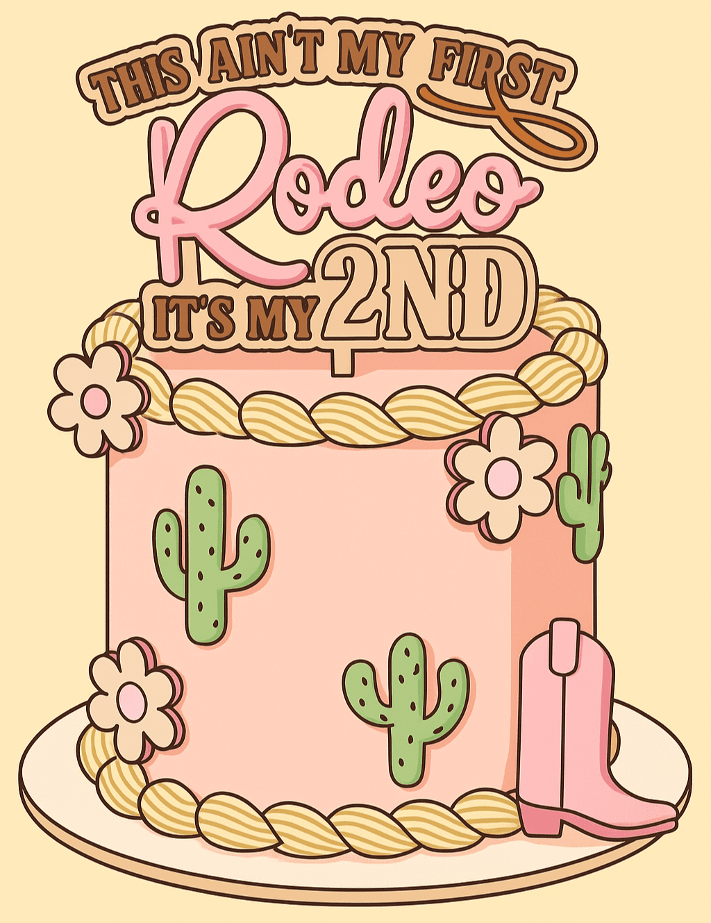 cake topper of a birthday cake with cacti, flowers, and a cowboy boot on a beige background. rodeo theme