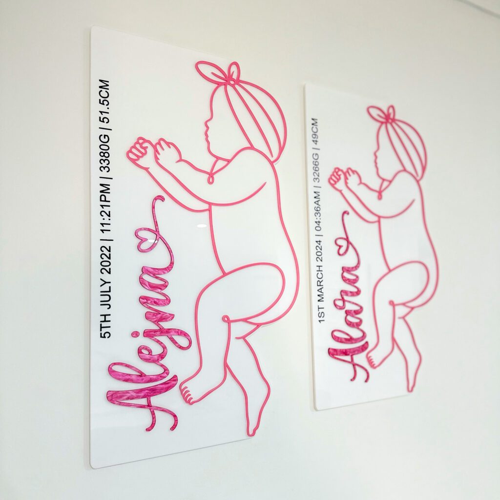A customised acrylic newborn life size baby birth plaque, featuring a baby silhouette, ready for personalisation.