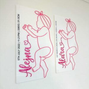 A customised acrylic newborn life size baby birth plaque, featuring a baby silhouette, ready for personalisation.