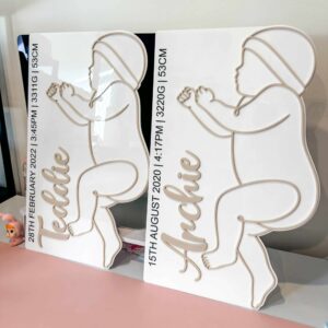 acrylic birth plaque, personalisation, custom, life size, baby, newborn, birth, baby's name, birth details, 3D, 2D, 3D.
