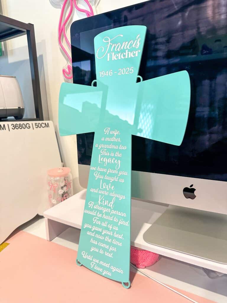 engraved wood with acrylic detailing, In Loving Memory Cross | Personalised Memorial Plaque.