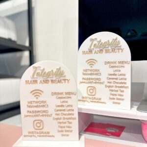Custom Engraved Acrylic Arch Salon Sign - WiFi, Social Handle & Drinks Menu Display
