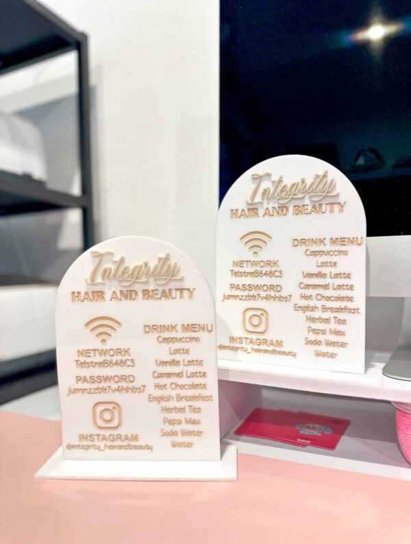 Custom Engraved Acrylic Arch Salon Sign - WiFi, Social Handle & Drinks Menu Display