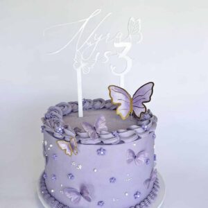 acrylic cake topper with minimalist butterfly design, custom made for a special occasion.