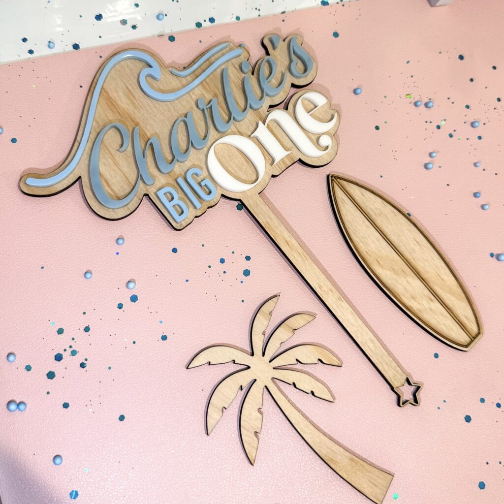 acrylic beach theme cake topper and charms, custom, big one, beach themed, party, celebration, special, occasion, event.