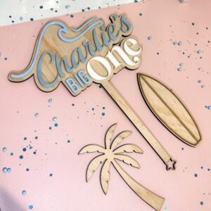 acrylic beach theme cake topper and charms, custom, big one, beach themed, party, celebration, special, occasion, event.