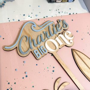 wood with acrylic detailing 'Alejna' Big One Beach Theme Cake Topper &amp; Charms.