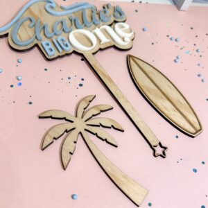 acrylic Big One beach theme cake topper and charms, custom, ready for personalisation.