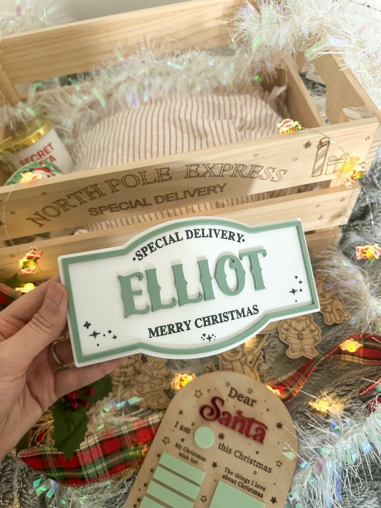 acrylic personalised christmas crate plaques. custom, handcrafted, bespoke. christmas.