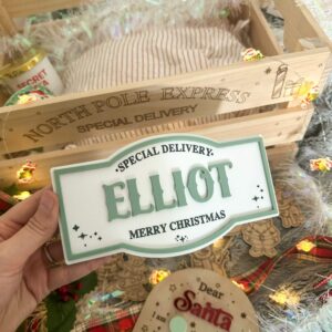 acrylic personalised christmas crate plaques. custom, handcrafted, bespoke. christmas.