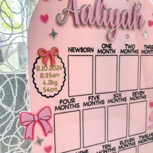 acrylic photo board with a bow theme, ready for personalisation, for a first year baby photo display. Personalised.