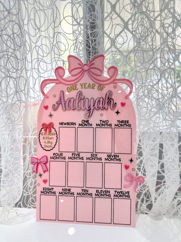 Acrylic First Year Baby Photo Board, Personalised, 12-month layout, custom, keepsake.