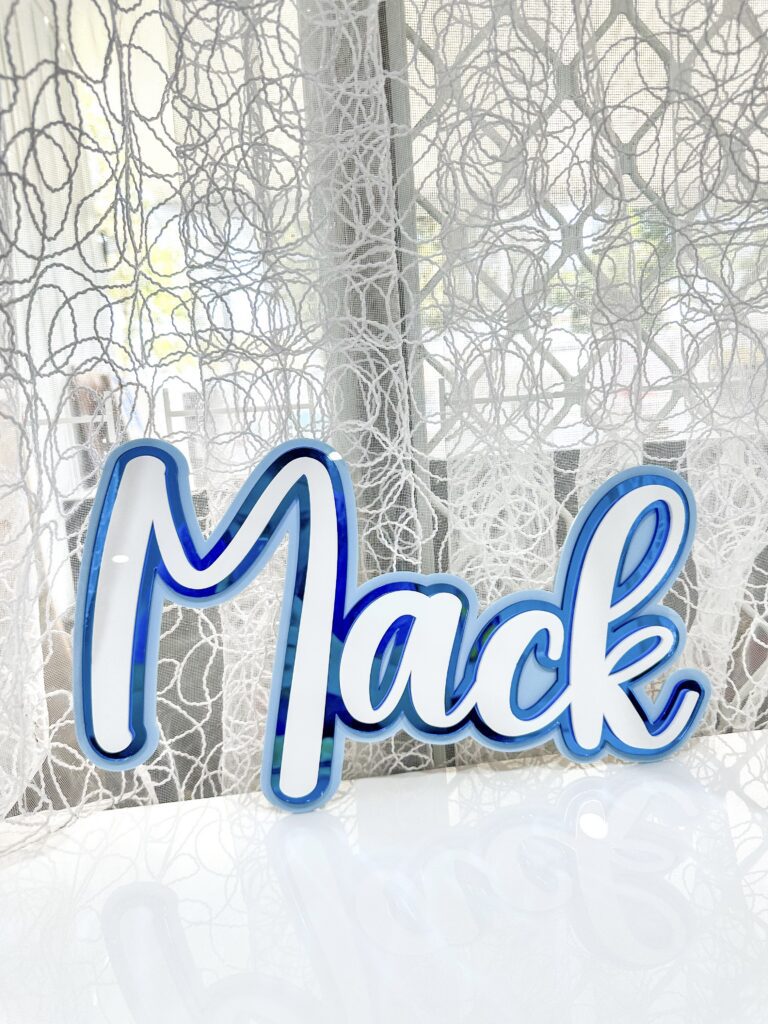 A triple layer acrylic name sign, personalised with a 3D effect, offering a unique and eye-catching 3D decor option.