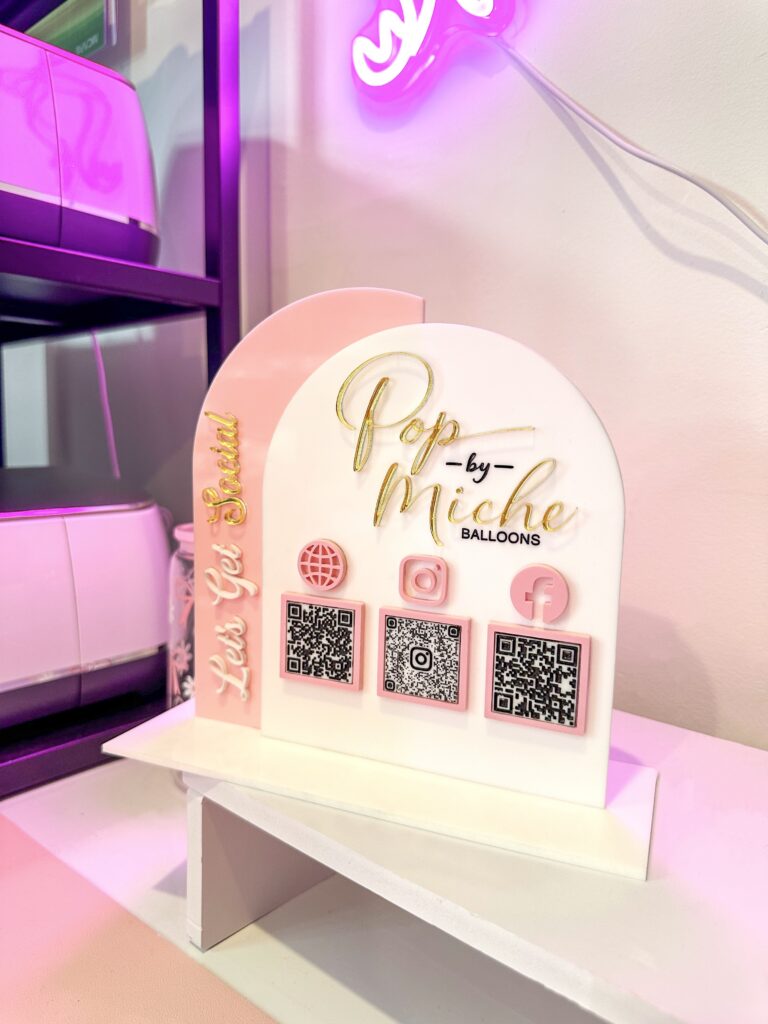 engraved plywood with raised acrylic lettering, custom business QR stand double arch acrylic sign.