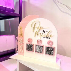 engraved plywood with raised acrylic lettering, custom business QR stand double arch acrylic sign.