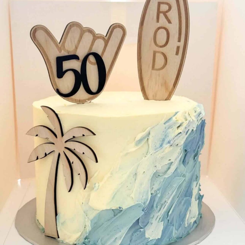 Personalised Wooden Cake Topper - Surfboard with Name, Shaka Hand & Age - Rustic Beach Wedding or Birthday Cake Decor