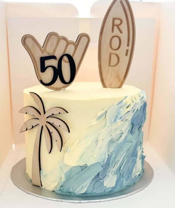 Personalised Wooden Cake Topper - Surfboard with Name, Shaka Hand & Age - Rustic Beach Wedding or Birthday Cake Decor