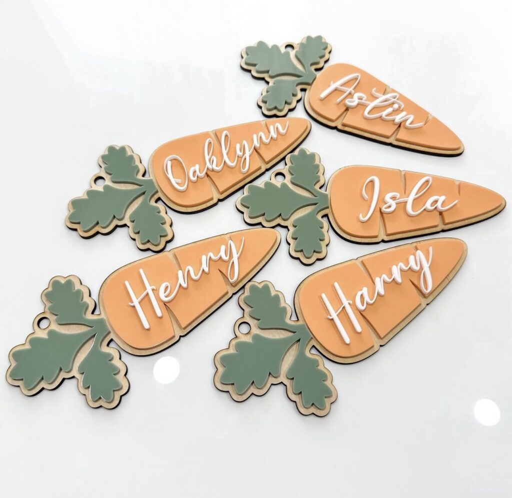 engraved plywood with acrylic detailing, Personalised Easter Name Tags – Carrot Cuties 3D.