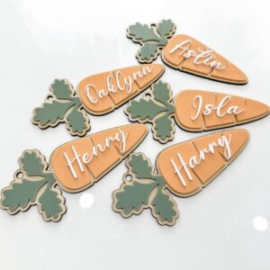 engraved plywood with acrylic detailing, Personalised Easter Name Tags – Carrot Cuties 3D.