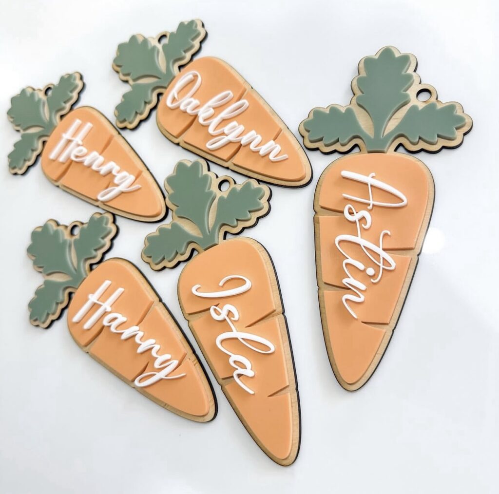 engraved plywood with raised acrylic lettering, Personalised Easter Name Tags – Carrot Cuties 3D.