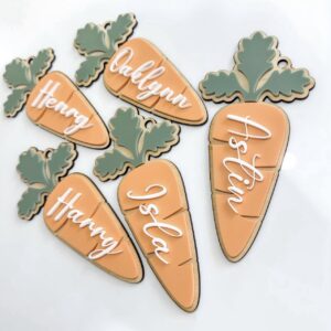 engraved plywood with raised acrylic lettering, Personalised Easter Name Tags – Carrot Cuties 3D.