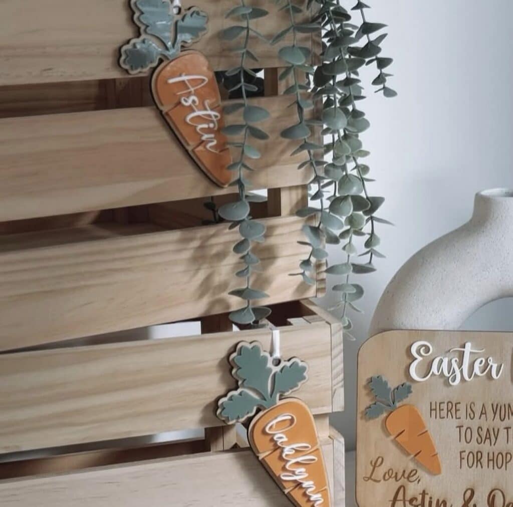 Engraved plywood with raised acrylic lettering, Personalised Easter Name Tags – Carrot Cuties 3D.