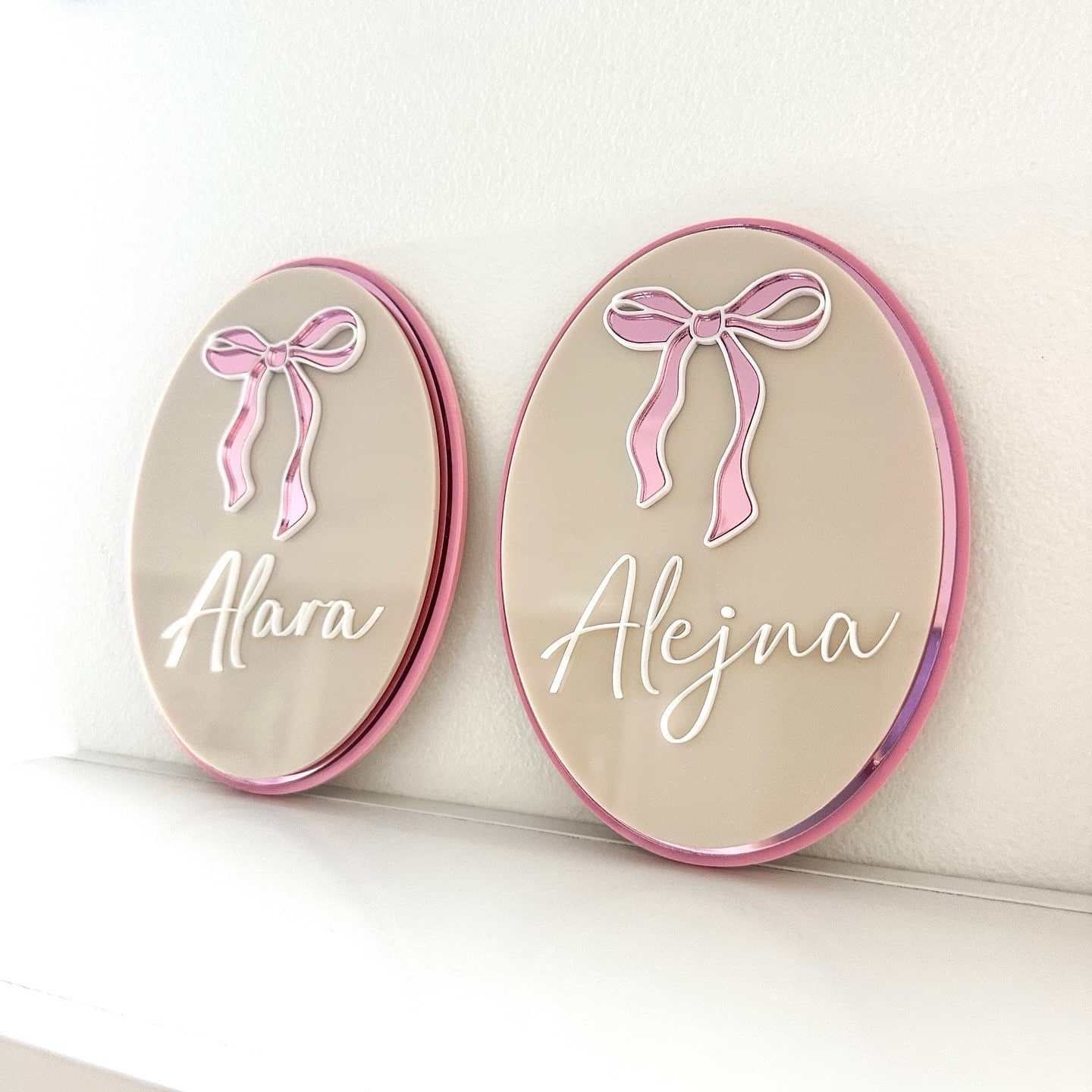 Personalised acrylic name sign on clear acrylic panel.