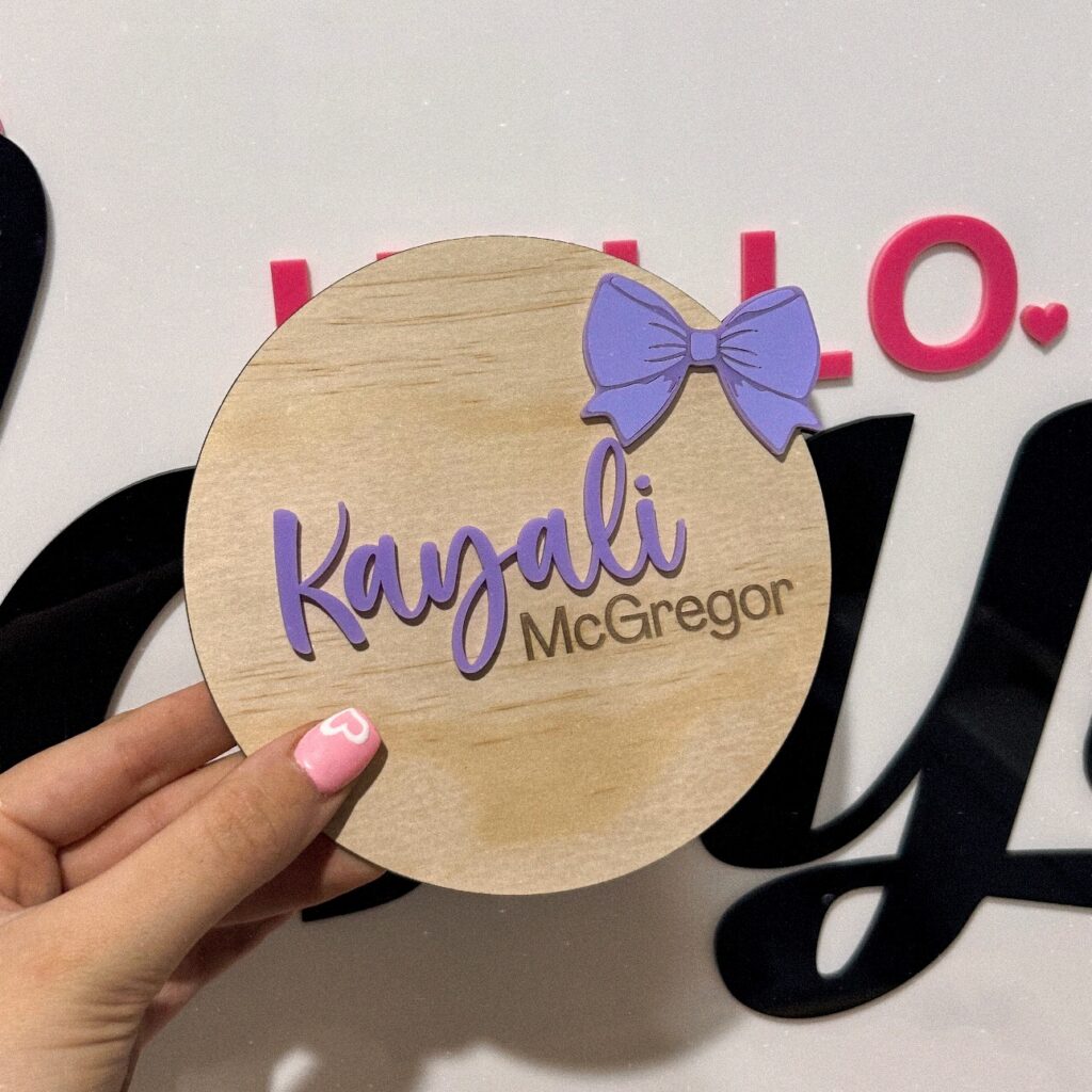 engraved wood with acrylic detailing, baby announcement plaque, bow theme, personalised.