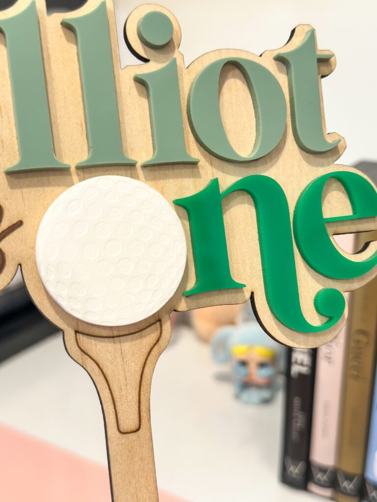 Golf Acrylic Cake Topper | Hole in One Birthday. Personalised, custom, handcrafted, bespoke golf-themed cake topper made.