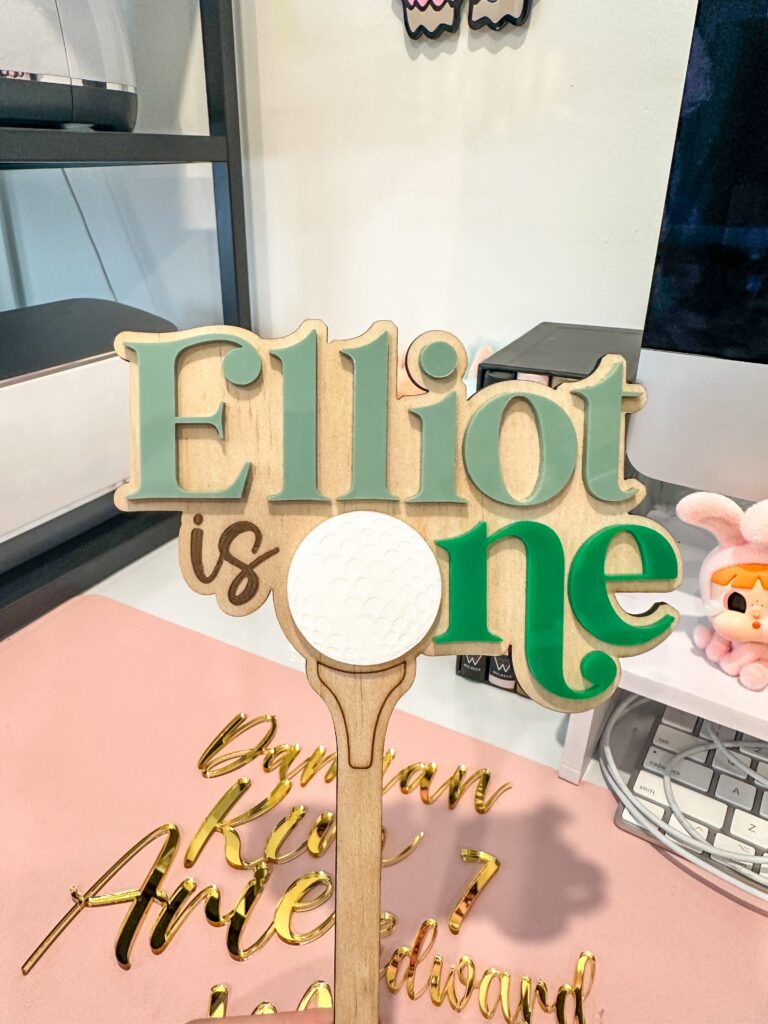Golf-themed acrylic cake topper, Hole in One Birthday, personalised, custom, handcrafted, bespoke.