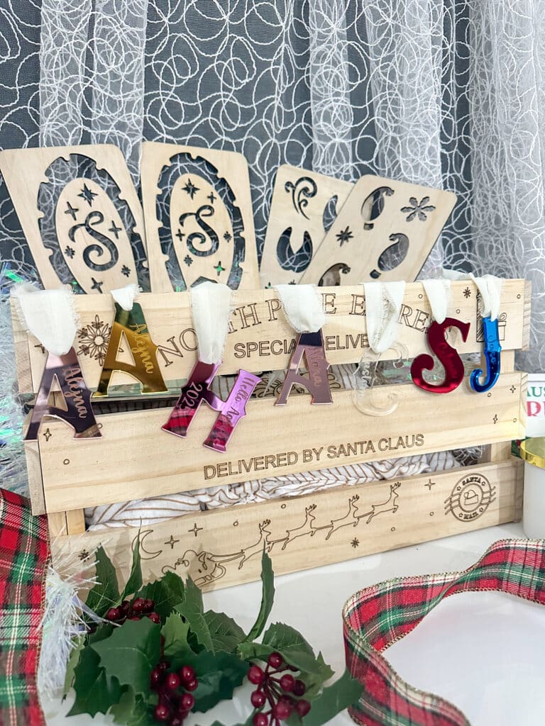Acrylic letter ornaments, personalised engraved tags, custom, handcrafted, bespoke, ready for personalisation.