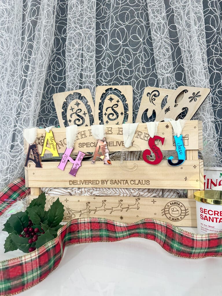 Acrylic letter ornaments, personalised engraved tags, custom, handcrafted, bespoke, ready for personalisation.