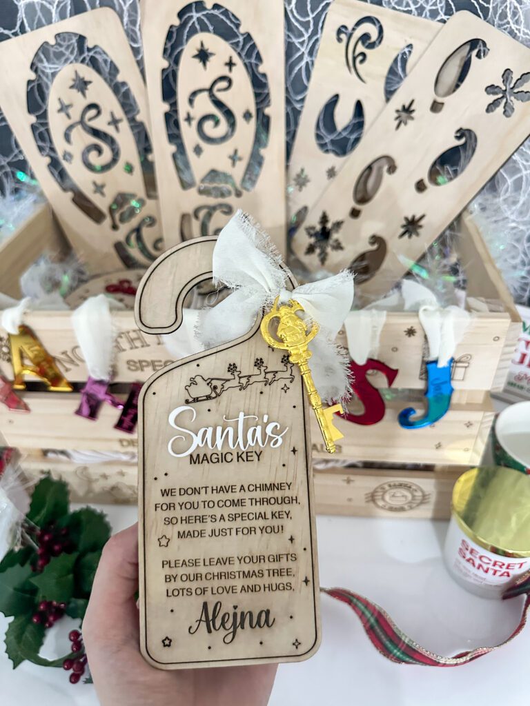 engraved wood with acrylic detailing, personalised Santa's Magic Key Door Hanger Keepsake.