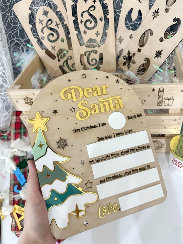 A custom, handcrafted, layered acrylic Dear Santa Board, ready for personalisation.