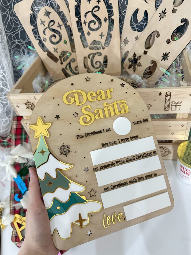 A custom, handcrafted, layered acrylic Dear Santa Board, ready for personalisation. A fun, festive, and unique Christmas.