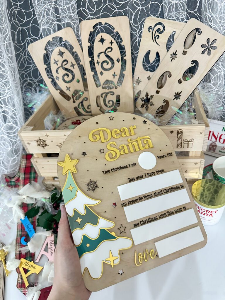 acrylic Dear Santa Board, a custom, handcrafted, and personalised Christmas keepsake. This board is made of layered, clear.