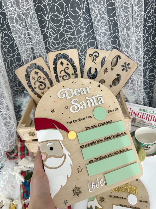 Wooden Santa face Christmas wish list board for kids to fill in holiday memories and wishes