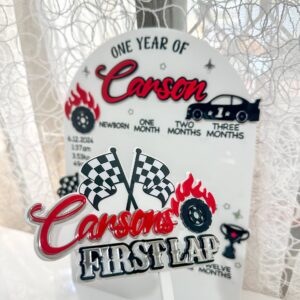 Custom Car Theme Acrylic Photo Board for a First Birthday Celebration. Personalised, handcrafted, and ready for your special.