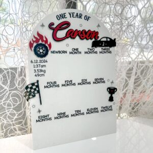 Custom car theme photo board, made of layered acrylic, ready for personalisation.