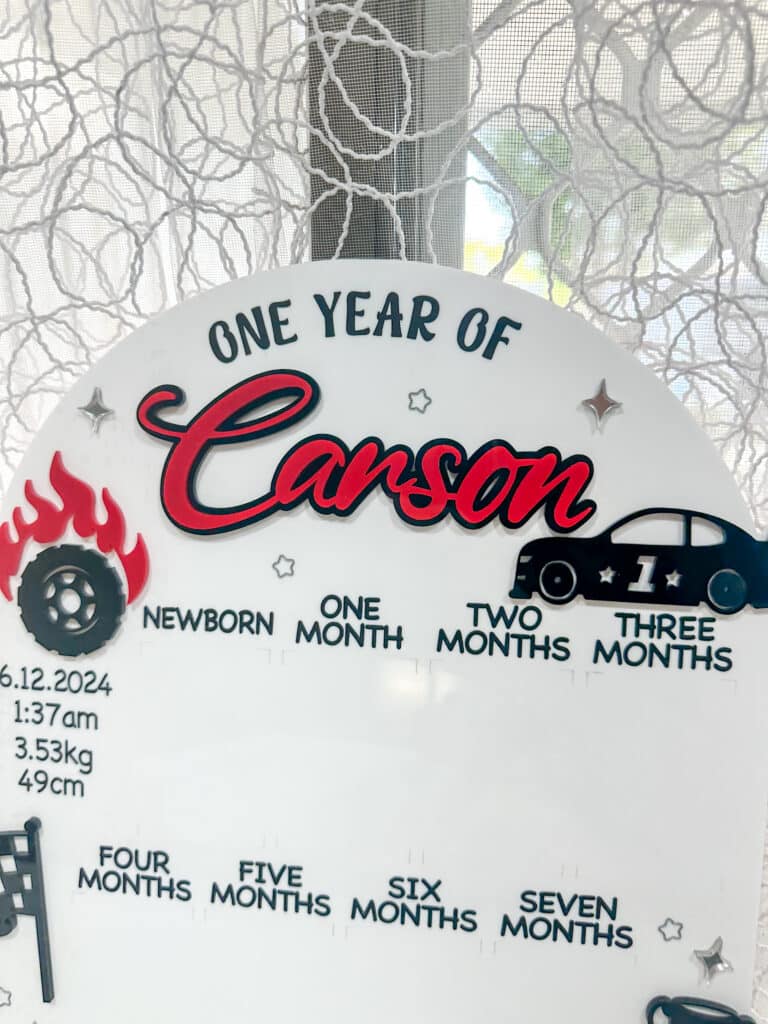 Custom First Birthday Photo Board - Car Theme Acrylic. Personalised, handcrafted, and ready for personalisation with a car.