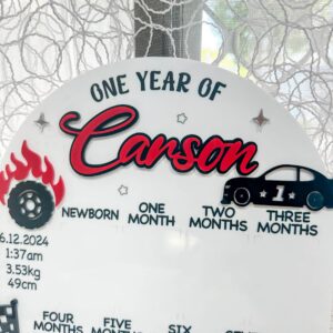 Custom First Birthday Photo Board - Car Theme Acrylic. Personalised, handcrafted, and ready for personalisation with a car.