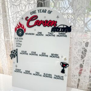Customised car theme photo board made from layered acrylic, ready for personalisation.