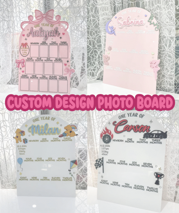 Personalised First Year Milestone Photo Board Personalised first-year baby photo boards showing 12 monthly milestone slots and themed acrylic designs.