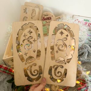 Acrylic Christmas footprint with Santa Claus, elf, and reindeer design. Personalised, custom, handcrafted, bespoke Christmas.