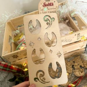 engraved wood name sign with a Santa Claus, Elf &amp; Reindeer design, ready for personalisation.