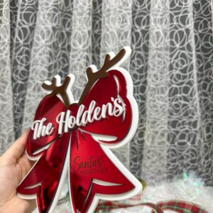 Personalised Christmas Bow Door Hanger – Santa’s Key, made from layered, mirrored finish, acrylic.