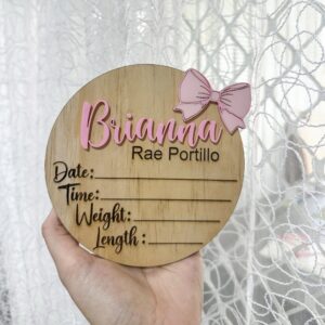 Baby Announcement Plaque with Details Bow Theme, made from layered acrylic, featuring a custom, handcrafted, and bespoke.