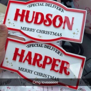 acrylic personalised christmas crate plaque with red lettering. custom, handcrafted, bespoke. christmas.