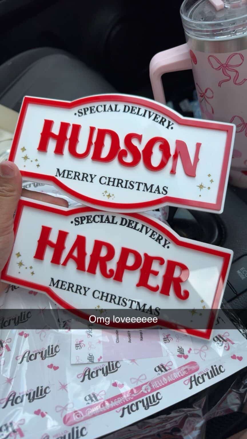 acrylic personalised christmas crate plaque with red lettering. custom, handcrafted, bespoke. christmas.