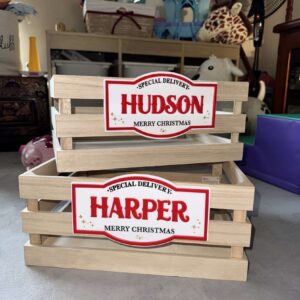 Personalised acrylic name sign on a neutral background.